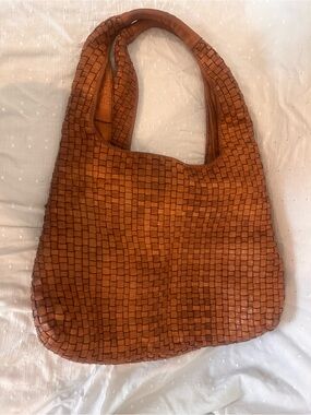 Woven genuine leather Shoulder Tote Bag in Cognac Brown